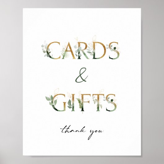 緑と金ゴールドの赤ちゃんシャワーカードとギフトサイン ポスター (正面)