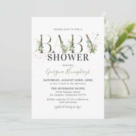 緑と金ゴールドの赤ちゃんシャワー 招待状 (スタンド正面)