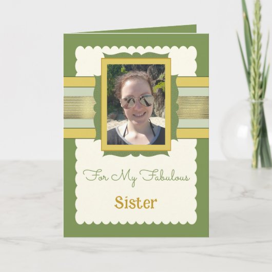 緑と金ゴールドの追加フォトシスター誕生日 カード (正面)