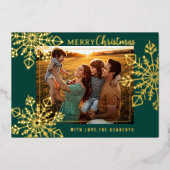 緑と金ゴールドの雪片メリークリスマスフォト 箔シーズンカード (正面)