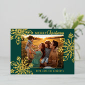 緑と金ゴールドの雪片メリークリスマスフォト 箔シーズンカード (立ち正面)