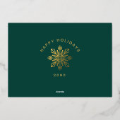 緑と金ゴールドの雪片メリークリスマスフォト 箔シーズンカード (裏面)