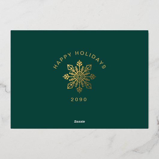 緑と金ゴールドの雪片メリークリスマスフォト 箔シーズンカード (裏面)