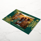 緑と金ゴールドの雪片メリークリスマスフォト 箔シーズンカード (回転した状態)