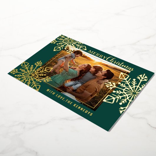 緑と金ゴールドの雪片メリークリスマスフォト 箔シーズンカード (回転した状態)