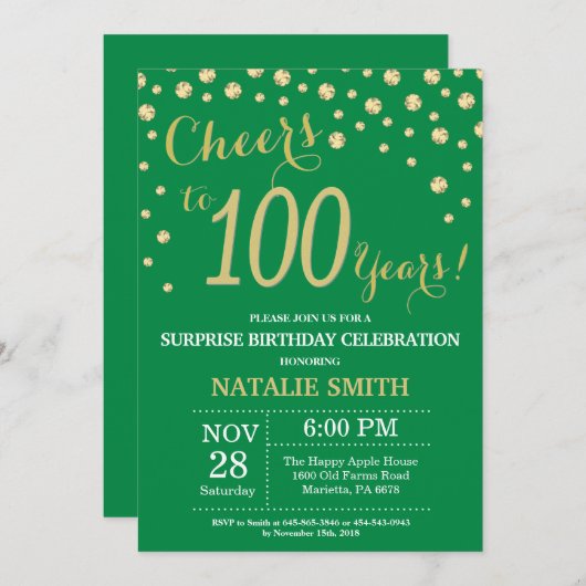 緑と金ゴールドの驚き100誕生日ダイヤモンド 招待状 (正面/裏面)