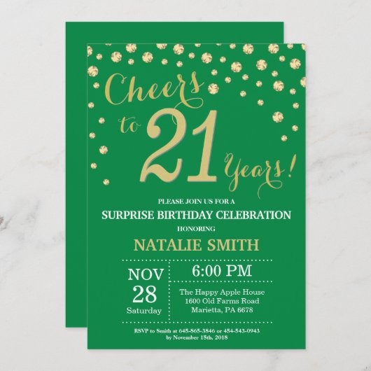 緑と金ゴールドの驚き21歳の誕生日ダイヤモンド 招待状 (正面/裏面)