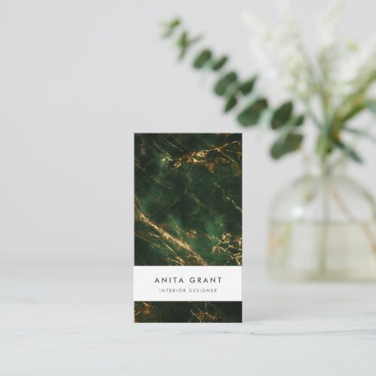 緑と金ゴールドエレガントの縦大理石 名刺 (スタンド正面)