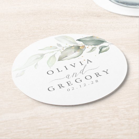 緑と金ゴールドエレガントロマン結婚ツ ラウンドペーパーコースター (アングル)