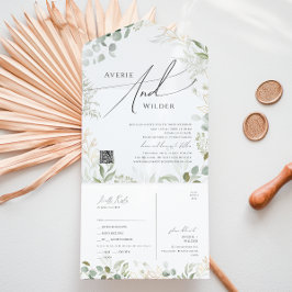 緑と金ゴールドカジュアルのQRコードシールと送信 オールインワン招待状