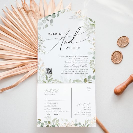 緑と金ゴールドカジュアルのQRコードシールと送信 オールインワン招待状