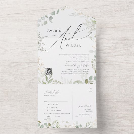 緑と金ゴールドカジュアルのQRコードシールと送信 オールインワン招待状 (内側)