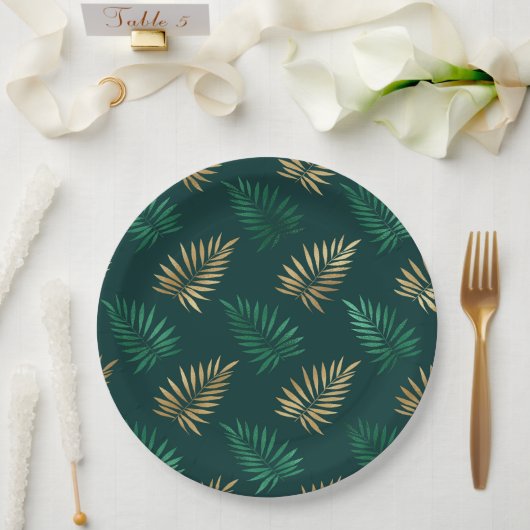 緑と金ゴールドグリッターオン熱帯離れ ペーパープレート (ウェディング)