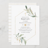 緑と金ゴールドグリッター幾何学洗礼 招待状 (正面/裏面)