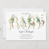 緑と金ゴールドサファリ動物の赤ちゃんシャワー 招待状 (正面)