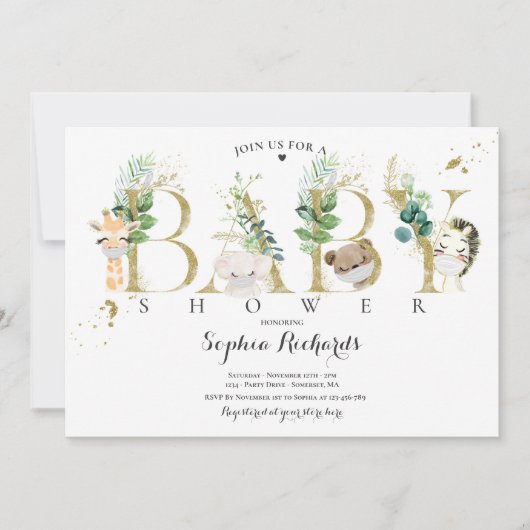 緑と金ゴールドサファリ動物の赤ちゃんシャワー 招待状 (正面)