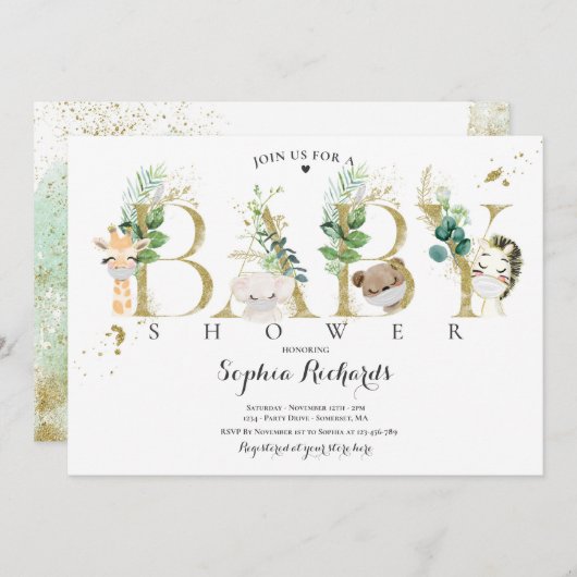 緑と金ゴールドサファリ動物の赤ちゃんシャワー 招待状 (正面/裏面)
