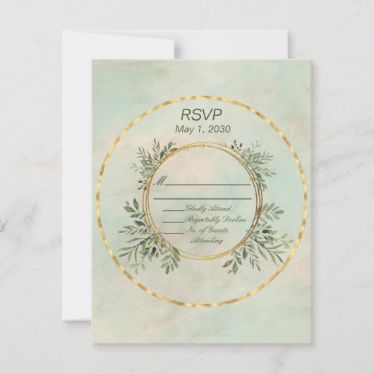 緑と金ゴールドサークルのフレームウェディングRSVP (正面)