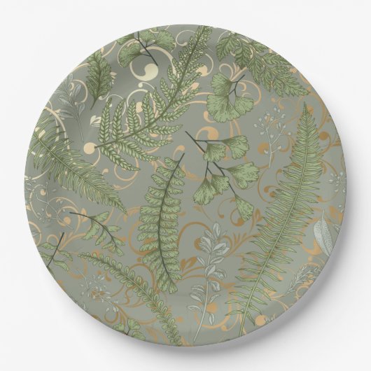 緑と金ゴールドシダ模様 ペーパープレート (正面)