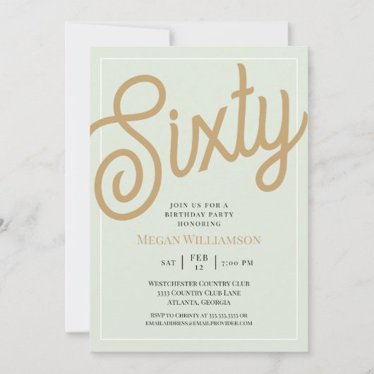 緑と金ゴールドスクリプト60誕生日 招待状 (正面)