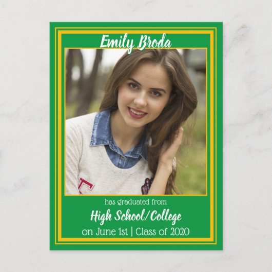 緑と金ゴールドスクールカラー写真卒業 案内ポストカード (正面)