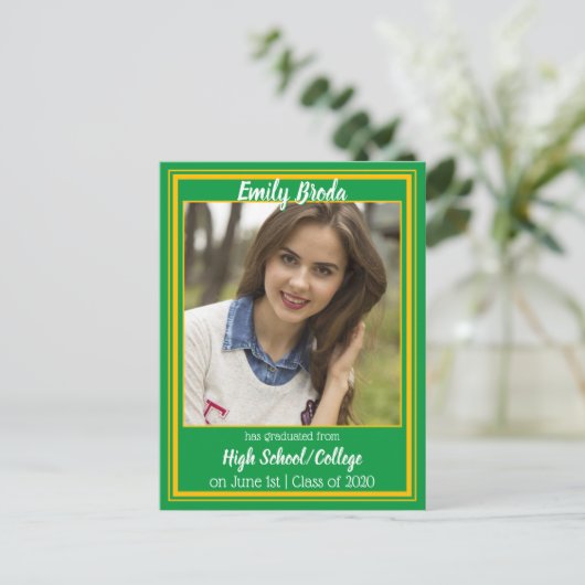 緑と金ゴールドスクールカラー写真卒業 案内ポストカード (スタンド正面)