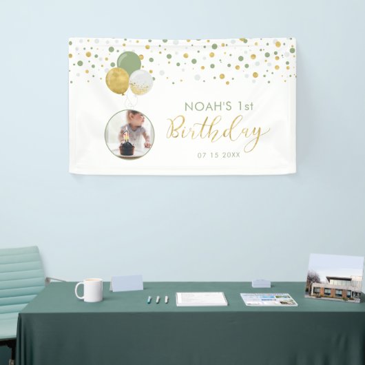 緑と金ゴールドバルーン1st誕生日フォトバナー 横断幕 (トレードショー)