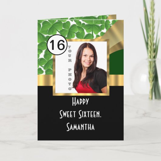 緑と金ゴールドパーソナライズされたsweet sixteen カード (正面)