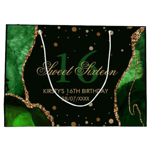 緑と金ゴールドフェイクグリッターアゲートスイート16 ラージペーパーバッグ (裏面)