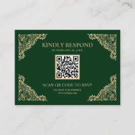 緑と金ゴールドフレームQRコードRSVPの結婚ウェブサイト エンクロージャーカード