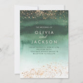 緑と金ゴールドモダンの水のグラデーション色結婚の 招待状 (正面)