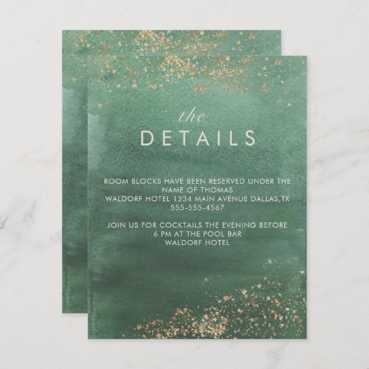 緑と金ゴールドモダンの水の色結婚の詳細 エンクロージャーカード (正面/裏面)