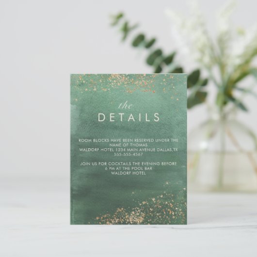 緑と金ゴールドモダンの水の色結婚の詳細 エンクロージャーカード (スタンド正面)