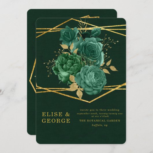 緑と金ゴールドユニークの幾何学的フローラ結婚 招待状 (正面/裏面)