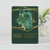 緑と金ゴールドユニークの幾何学的フローラ結婚 招待状 (スタンド正面)