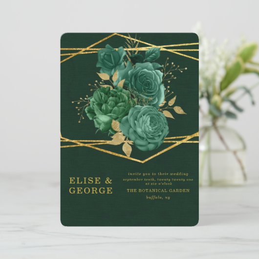 緑と金ゴールドユニークの幾何学的フローラ結婚 招待状 (スタンド正面)