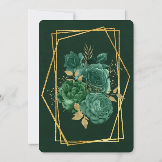 緑と金ゴールドユニークの幾何学的フローラ結婚 招待状 (裏面)