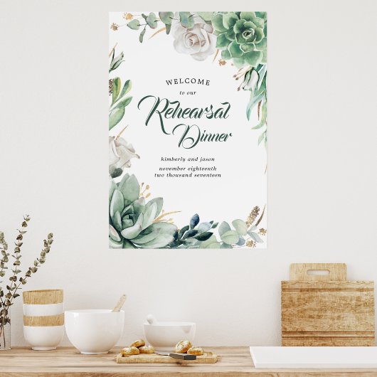 緑と金ゴールドリハーサルディナーウェルカムサイン ポスター (キッチン)