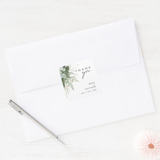 緑と金ゴールドリーフありがとう結婚ステッカー スクエアシール (封筒)