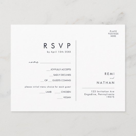 緑と金ゴールドリーフのネイビーのメニュー選択RSVPカード ポストカード (裏面)