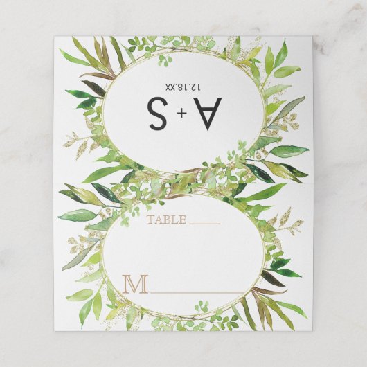 緑と金ゴールドリーフの枠葉付きの表の番号 プレイスカード (外部開封)