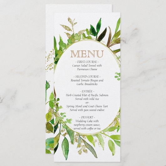 緑と金ゴールドリーフの枠離れ付きのメ結婚ニュー メニュー (正面/裏面)