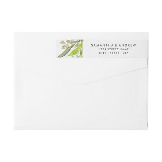 緑と金ゴールドリーフの額縁の水色結婚の ラップアラウンドラベル (裏面)