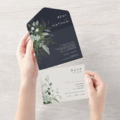 緑と金ゴールドリーフシンプルネイビーシールと送信 オールインワン招待状 (貼ってはがせる)