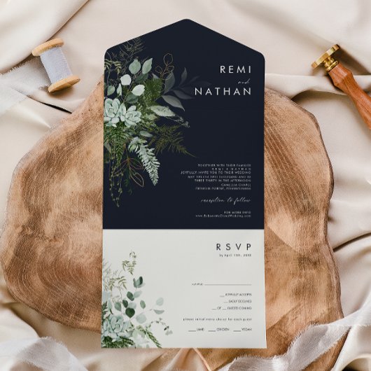 緑と金ゴールドリーフシンプルネイビーシールと送信 オールインワン招待状