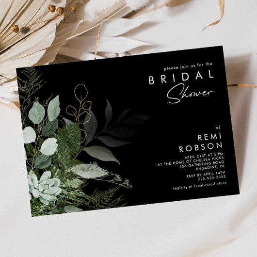 緑と金ゴールドリーフ黒 |ブライダルシャワー 招待状