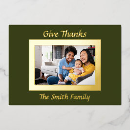 緑と金ゴールド写真サンクスギビングのホイルホリデーカー 箔シーズンカード