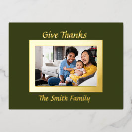 緑と金ゴールド写真サンクスギビングのホイルホリデーカー 箔シーズンポストカード