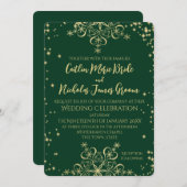 緑と金ゴールド冬の結婚式の雪の結晶インビタ 招待状 (正面/裏面)