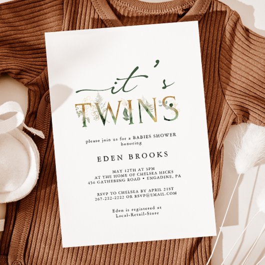 緑と金ゴールド双子の赤ちゃんシャワー 招待状